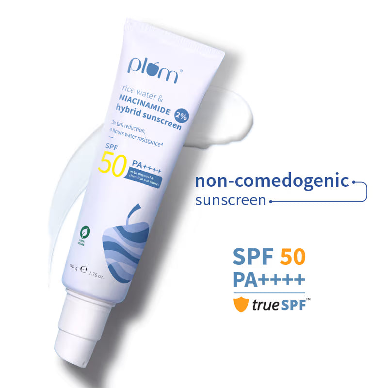 Plum 2% Niacinamide & Rice Water SPF 50 PA+++ Sunscreen, Fades Tan, For Oily To Dry Skin Type (50 g)