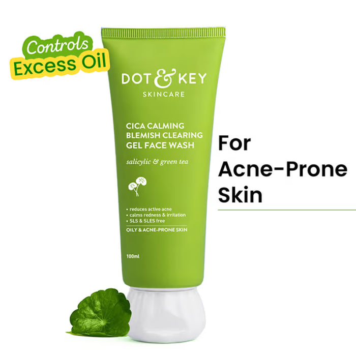 Dot & Key Cica Calming Blemish Clearing Gel Face Wash, Salicylic & Green Tea, Acne & Oil Control (100ml)