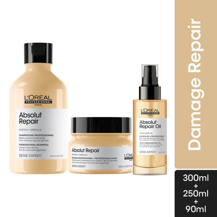 L'Oreal Professionnel Absolut Repair Shampoo, Hair Mask & Hair Serum Combo For Damaged Hair